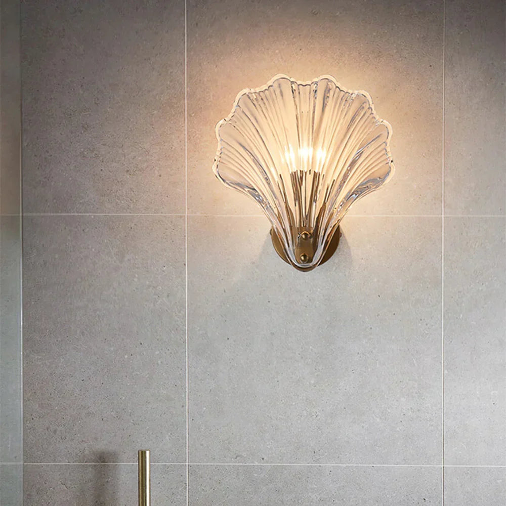 Shell Glass Sconce Gold 7.9 in Bedroom Hallway Bathroom LED Wall Light Fixture Coastal Decor Ambient Lighting Modern Luxury Metal Mount E14