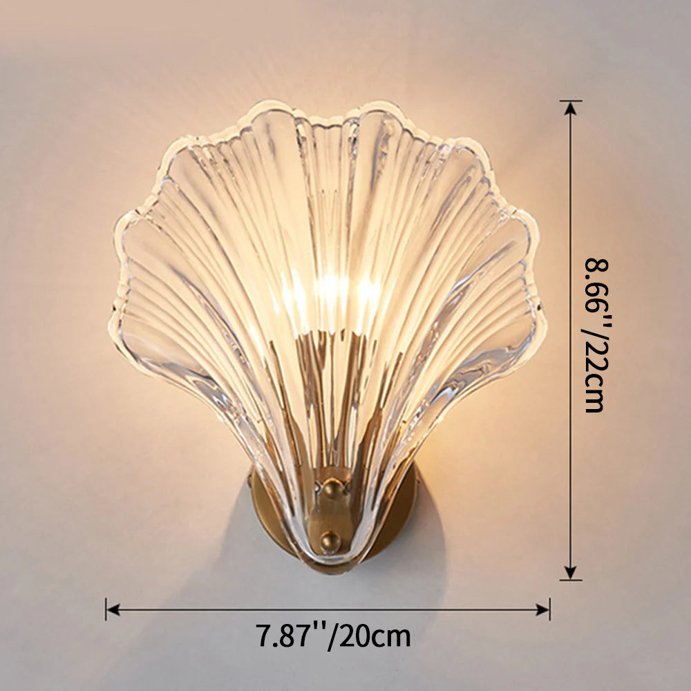 Shell Glass Sconce Gold 7.9 in Bedroom Hallway Bathroom LED Wall Light Fixture Coastal Decor Ambient Lighting Modern Luxury Metal Mount E14