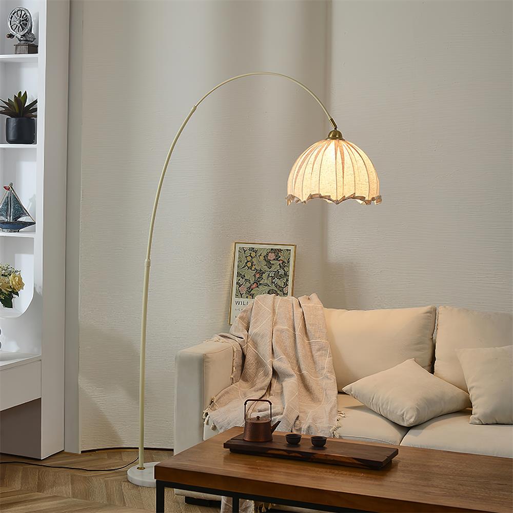 Modern Arc Floor Lamp with Fabric Shade & Black Metal Base | Elegant Lighting for Living Room