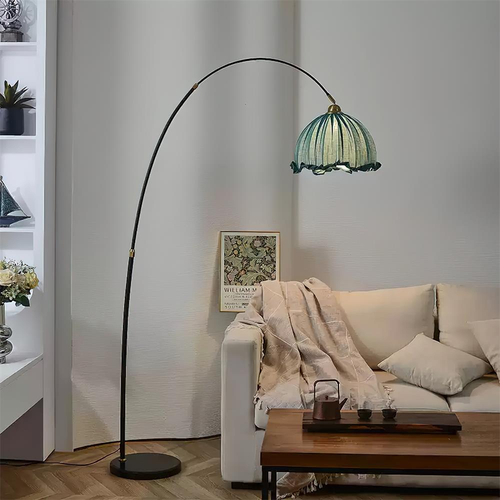 Modern Arc Floor Lamp with Fabric Shade & Black Metal Base | Elegant Lighting for Living Room