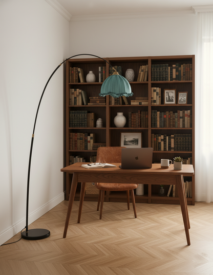 Modern Arc Floor Lamp with Fabric Shade & Black Metal Base | Elegant Lighting for Living Room