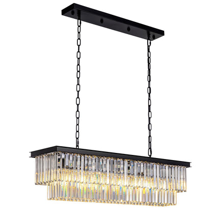 Rectangular Black Metal Crystal Chandelier with E12 Candelabra Sockets for Dining Room and Kitchen Island Lighting