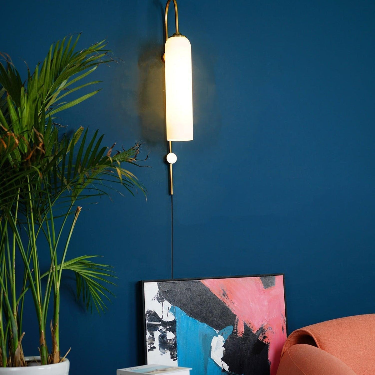 Cylindrical Glass Wall Sconce with 59 in Plug-In Cord for Bedrooms and Living Rooms | Modern Vertical Fixture Gold Metal Frame E27 Socket In