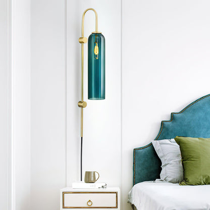 Cylindrical Glass Wall Sconce with 59 in Plug-In Cord for Bedrooms and Living Rooms | Modern Vertical Fixture Gold Metal Frame E27 Socket In