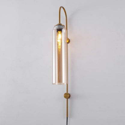Cylindrical Glass Wall Sconce with 59 in Plug-In Cord for Bedrooms and Living Rooms | Modern Vertical Fixture Gold Metal Frame E27 Socket In