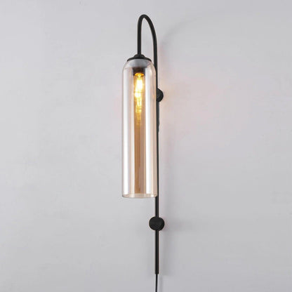 Cylindrical Glass Wall Sconce with 59 in Plug-In Cord for Bedrooms and Living Rooms | Modern Vertical Fixture Gold Metal Frame E27 Socket In