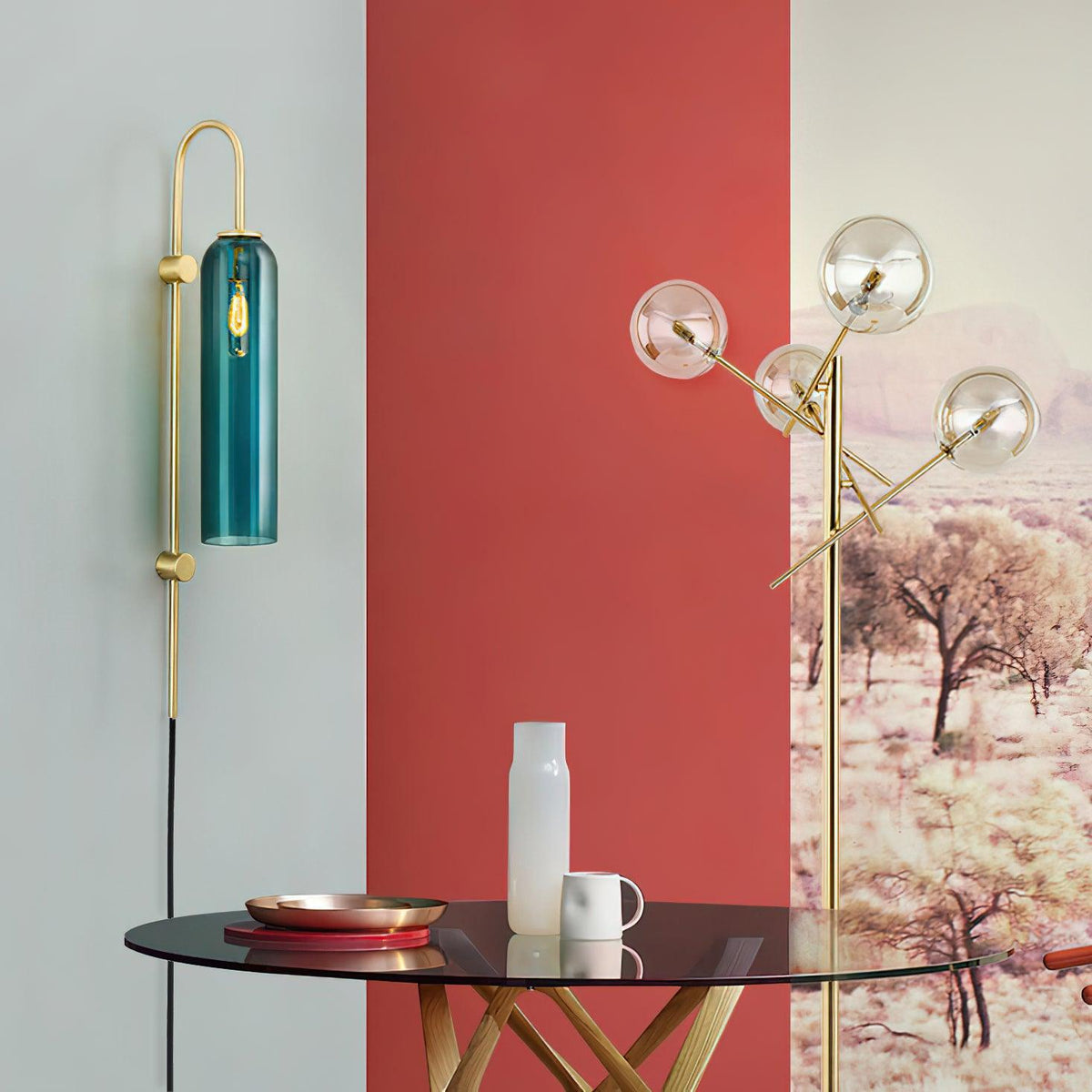 Cylindrical Glass Wall Sconce with 59 in Plug-In Cord for Bedrooms and Living Rooms | Modern Vertical Fixture Gold Metal Frame E27 Socket In