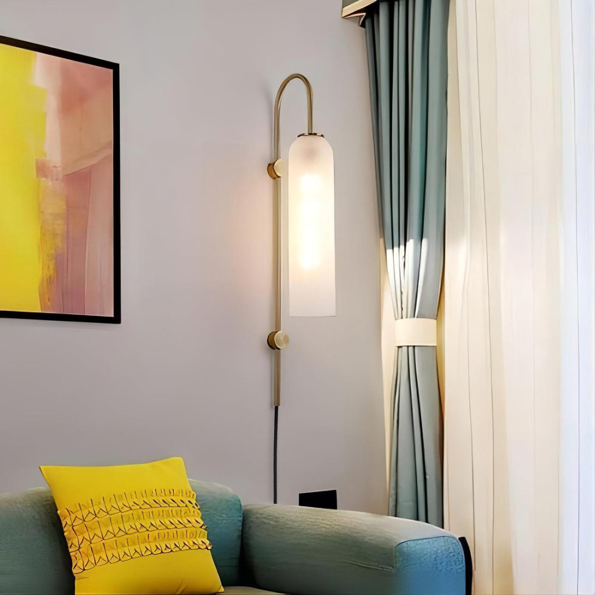 Cylindrical Glass Wall Sconce with 59 in Plug-In Cord for Bedrooms and Living Rooms | Modern Vertical Fixture Gold Metal Frame E27 Socket In
