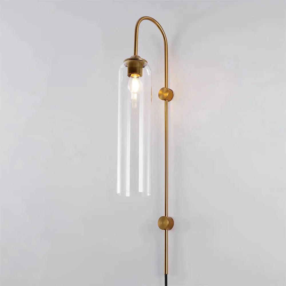 Cylindrical Glass Wall Sconce with 59 in Plug-In Cord for Bedrooms and Living Rooms | Modern Vertical Fixture Gold Metal Frame E27 Socket In