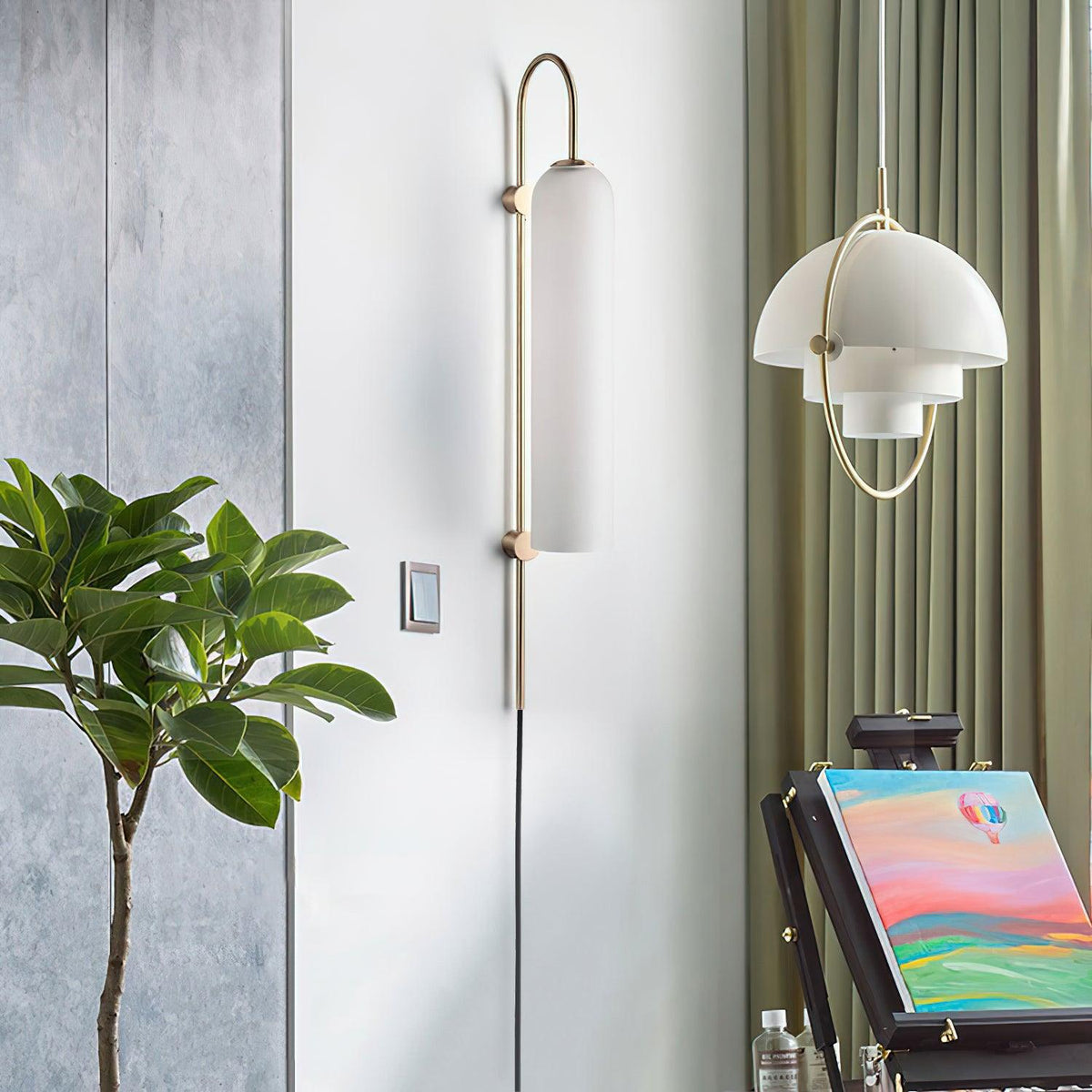 Cylindrical Glass Wall Sconce with 59 in Plug-In Cord for Bedrooms and Living Rooms | Modern Vertical Fixture Gold Metal Frame E27 Socket In