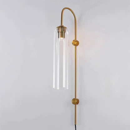 Cylindrical Glass Wall Sconce with 59 in Plug-In Cord for Bedrooms and Living Rooms | Modern Vertical Fixture Gold Metal Frame E27 Socket In