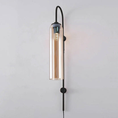 Cylindrical Glass Wall Sconce with 59 in Plug-In Cord for Bedrooms and Living Rooms | Modern Vertical Fixture Gold Metal Frame E27 Socket In