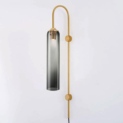Cylindrical Glass Wall Sconce with 59 in Plug-In Cord for Bedrooms and Living Rooms | Modern Vertical Fixture Gold Metal Frame E27 Socket In