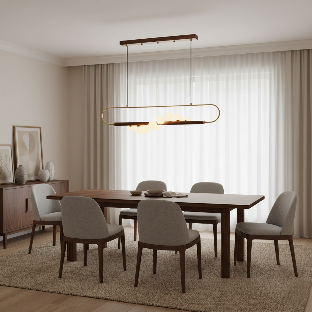 Linear Pendant Light Fixture 35.4 Inch with Frosted Glass Globes for Dining Table Kitchen Island Brass Wood Finish Adjustable Height 5-Bulb