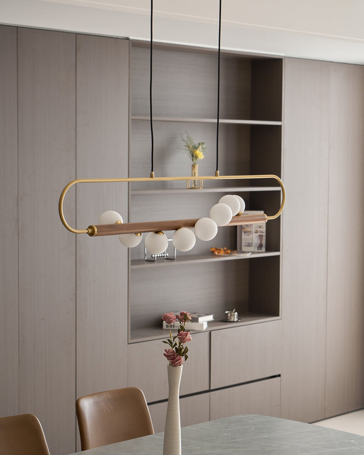 Linear Pendant Light Fixture 35.4 Inch with Frosted Glass Globes for Dining Table Kitchen Island Brass Wood Finish Adjustable Height 5-Bulb