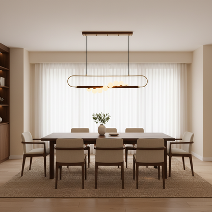 Linear Pendant Light Fixture 35.4 Inch with Frosted Glass Globes for Dining Table Kitchen Island Brass Wood Finish Adjustable Height 5-Bulb