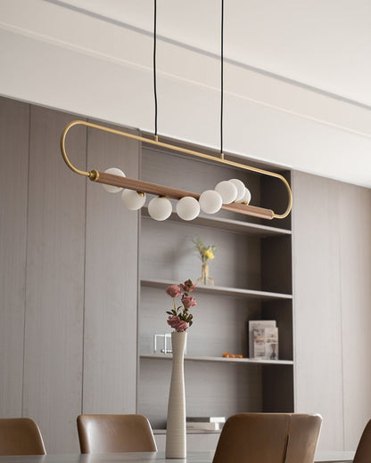 Linear Pendant Light Fixture 35.4 Inch with Frosted Glass Globes for Dining Table Kitchen Island Brass Wood Finish Adjustable Height 5-Bulb