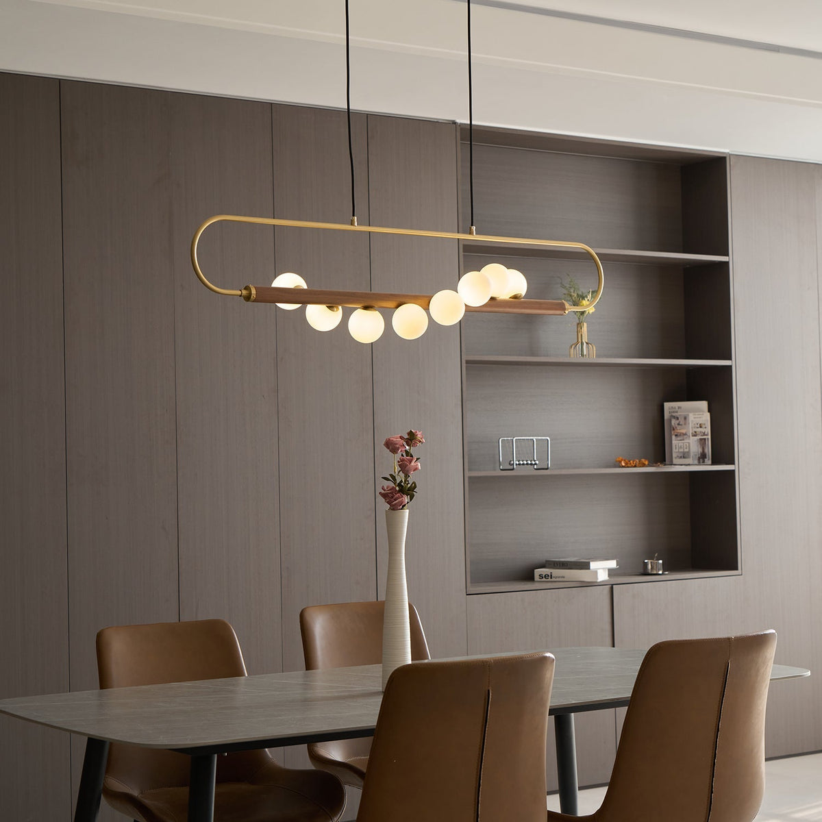 Linear Pendant Light Fixture 35.4 Inch with Frosted Glass Globes for Dining Table Kitchen Island Brass Wood Finish Adjustable Height 5-Bulb