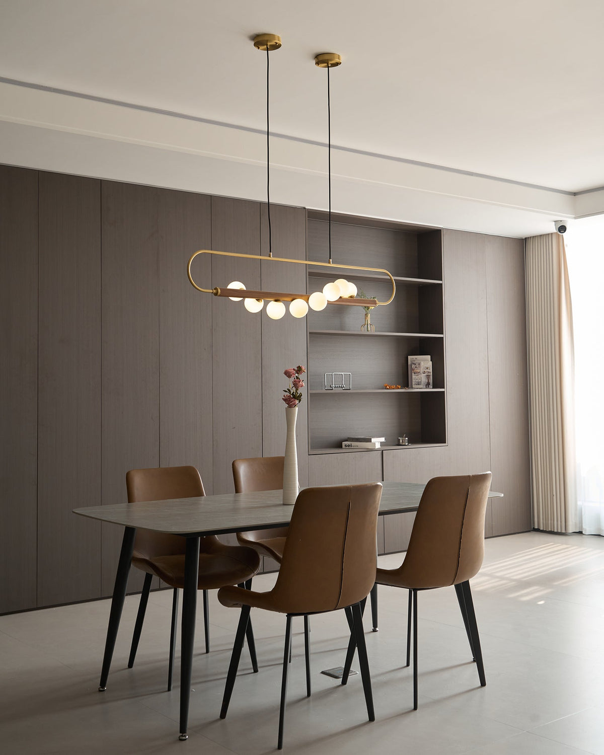 Linear Pendant Light Fixture 35.4 Inch with Frosted Glass Globes for Dining Table Kitchen Island Brass Wood Finish Adjustable Height 5-Bulb