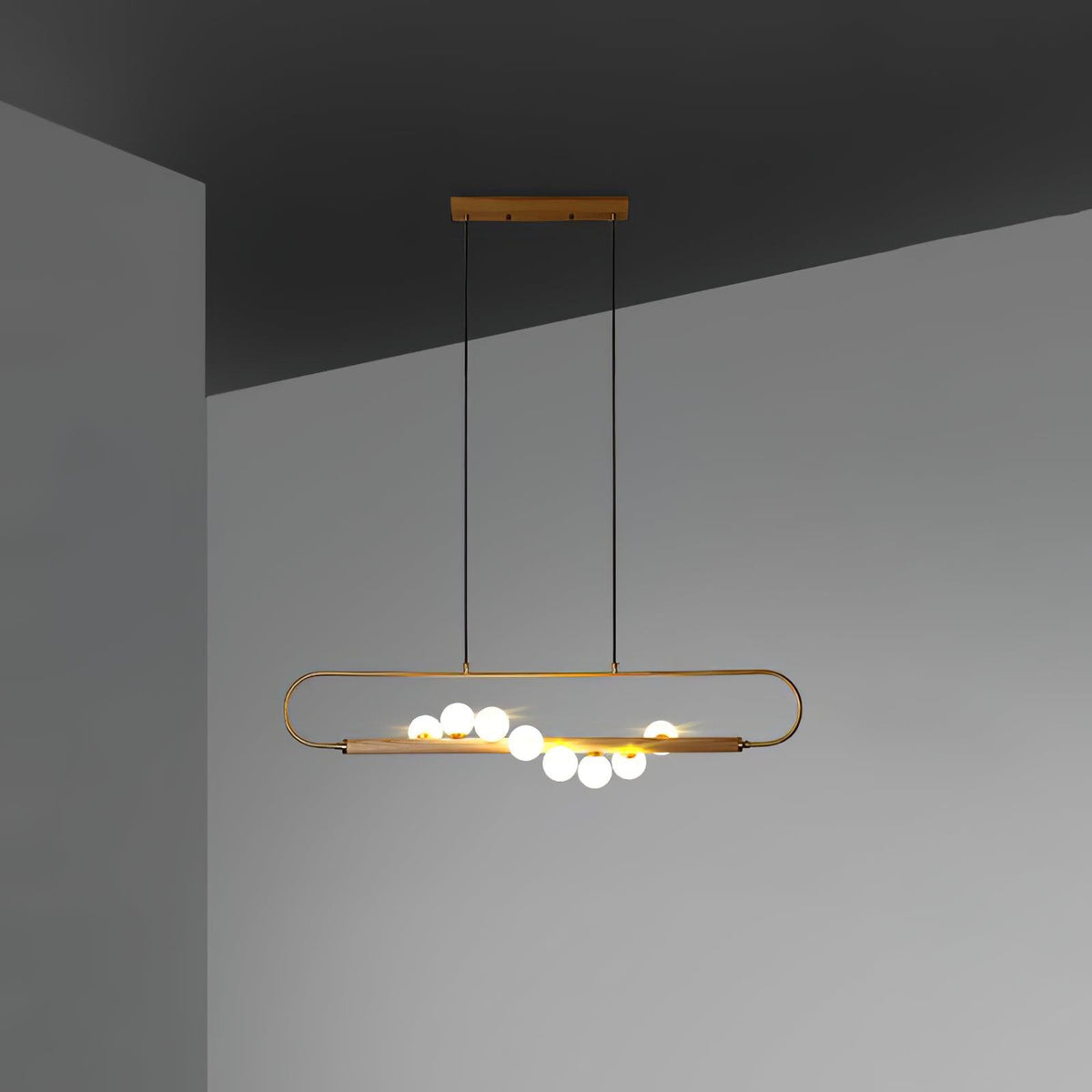 Linear Pendant Light Fixture 35.4 Inch with Frosted Glass Globes for Dining Table Kitchen Island Brass Wood Finish Adjustable Height 5-Bulb