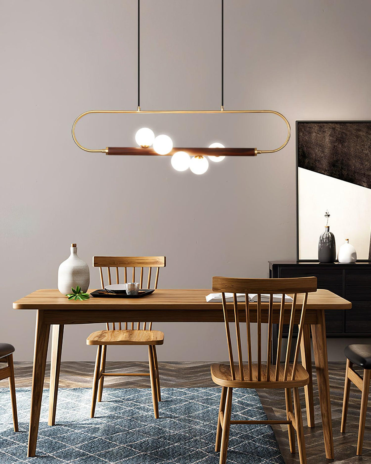 Linear Pendant Light Fixture 35.4 Inch with Frosted Glass Globes for Dining Table Kitchen Island Brass Wood Finish Adjustable Height 5-Bulb