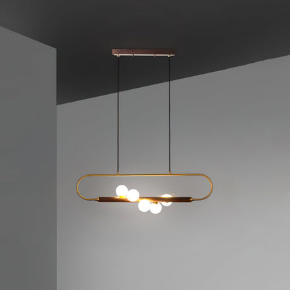 Linear Pendant Light Fixture 35.4 Inch with Frosted Glass Globes for Dining Table Kitchen Island Brass Wood Finish Adjustable Height 5-Bulb