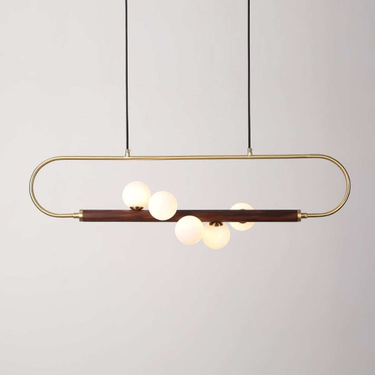 Linear Pendant Light Fixture 35.4 Inch with Frosted Glass Globes for Dining Table Kitchen Island Brass Wood Finish Adjustable Height 5-Bulb
