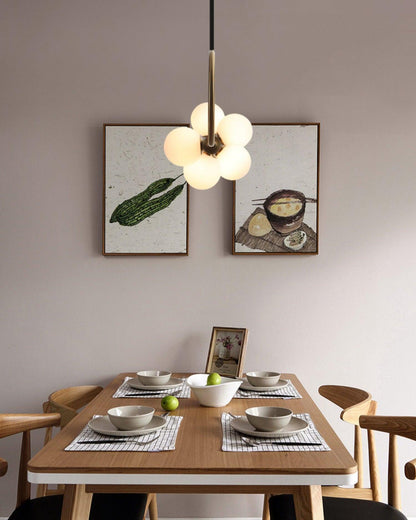 Linear Pendant Light Fixture 35.4 Inch with Frosted Glass Globes for Dining Table Kitchen Island Brass Wood Finish Adjustable Height 5-Bulb