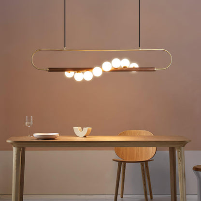 Linear Pendant Light Fixture 35.4 Inch with Frosted Glass Globes for Dining Table Kitchen Island Brass Wood Finish Adjustable Height 5-Bulb