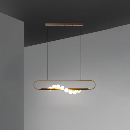Linear Pendant Light Fixture 35.4 Inch with Frosted Glass Globes for Dining Table Kitchen Island Brass Wood Finish Adjustable Height 5-Bulb