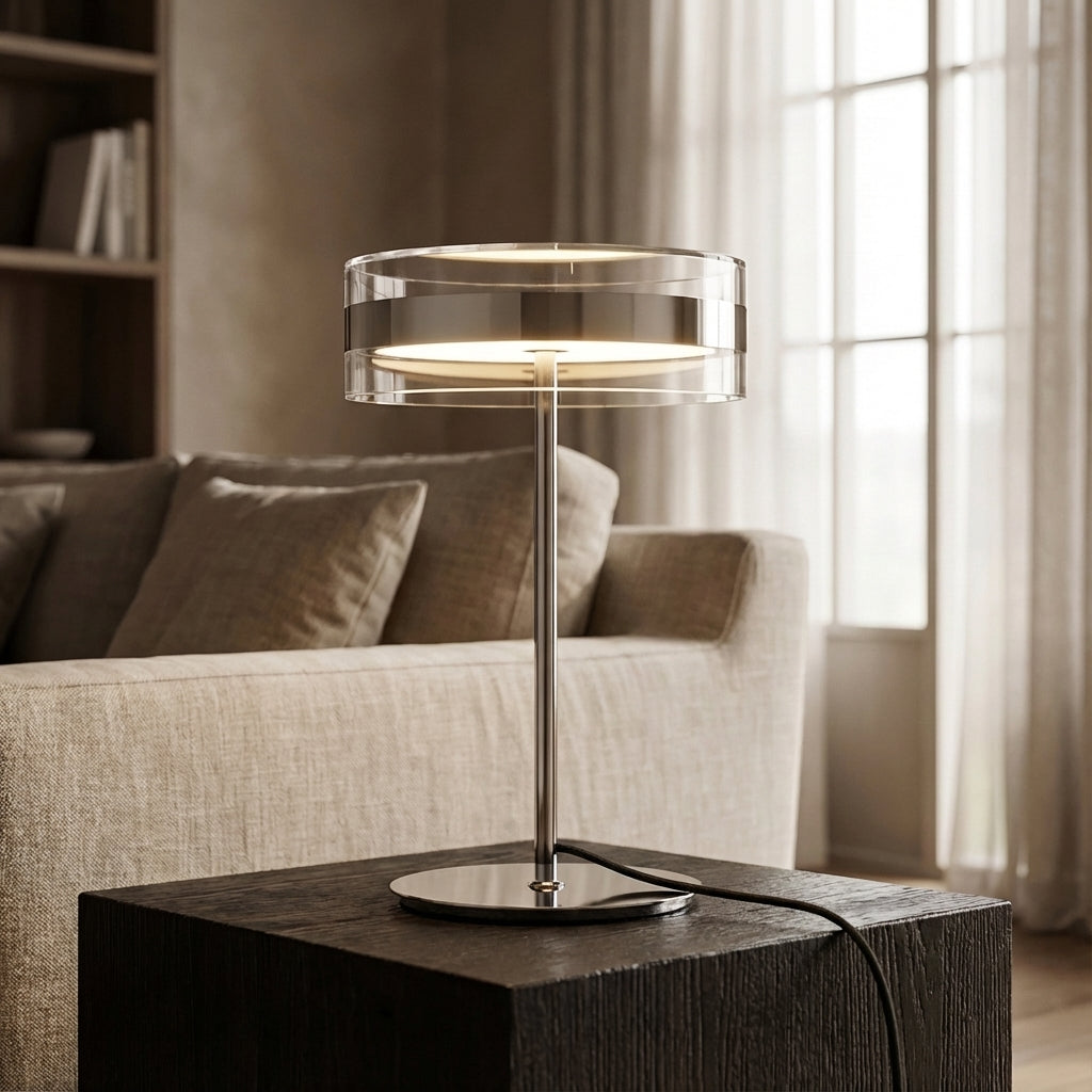 Cylindrical Acrylic Desk Lamp Chrome 15.7 in Tall Nightstand Light Bedroom Office Reading Adjustable Glow Warm Lighting Fixture