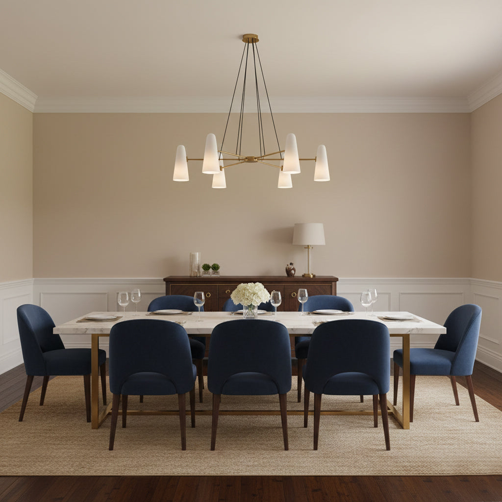 Overhead Light Fixture with Frosted Globes in Metal Frame for Dining or Living Spaces 6 to 8 Arms Extendable Cord