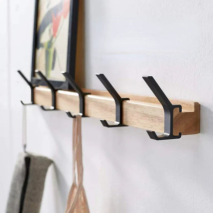 Wall-Mounted Coat Rack with Swivel Hooks | Natural Wood & Aluminum | 5 Movable Pegs for Entryway Bedroom Office | Scandinavian Style