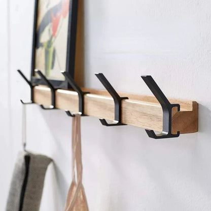 Wall-Mounted Hook Rail with 5 Sliding Double Pegs | Natural Wood & Black Aluminum Entryway Organizer for Coats, Hats, Bags | Scandinavian