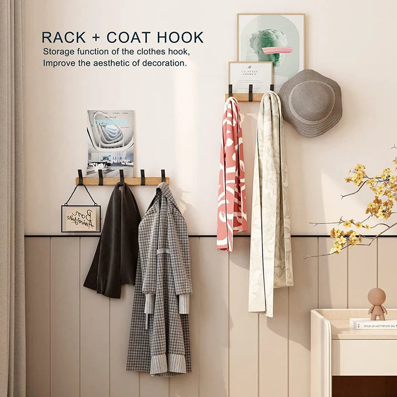 Wall-Mounted Coat Rack with 5 Adjustable Double Hooks - Rubberwood & Aluminum Entryway Organizer for Jackets, Hats, Bags - Space-Saving