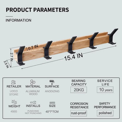 Wall-Mounted Coat Rack with 5 Adjustable Double Hooks - Rubberwood & Aluminum Entryway Organizer for Jackets, Hats, Bags - Space-Saving