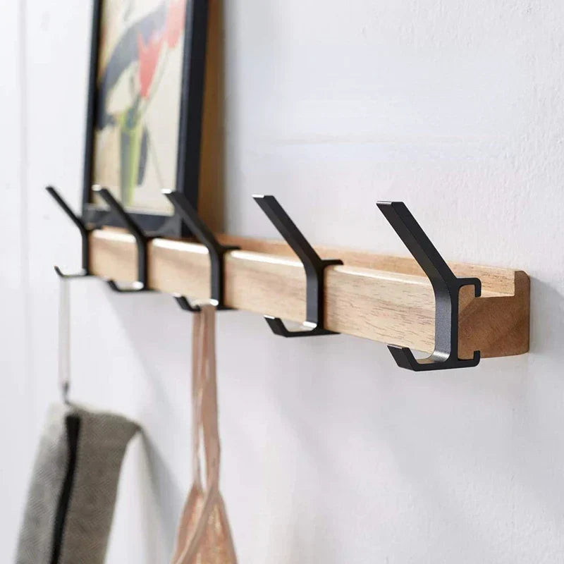 Wall-Mounted Coat Rack with Swivel Hooks - Rubberwood & Aluminum Entryway Organizer, 5-Hook Scandinavian Style Hanging Rail for Coats