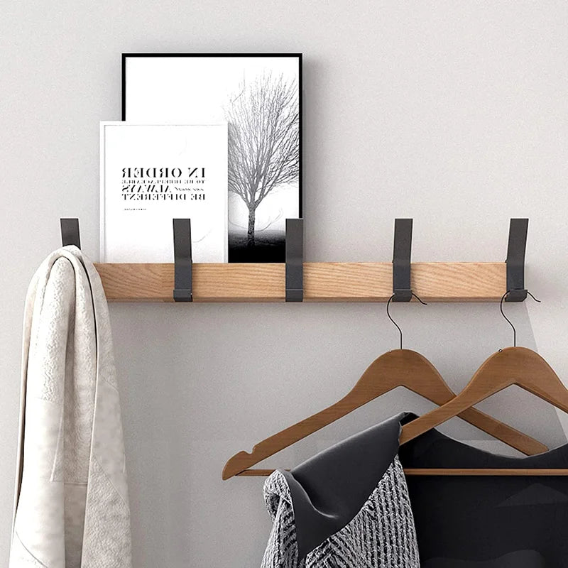 Wall-Mounted Hook Rail with 5 Sliding Double Pegs | Natural Wood & Black Aluminum Entryway Organizer for Coats, Hats, Bags | Scandinavian