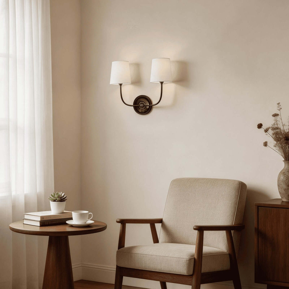 Articulated Arm Wall Lamp with Fabric Shades for Bedroom Reading Nook Hallway Accent Task Lighting Adjustable Sconce Fixture Metal Brass Fin