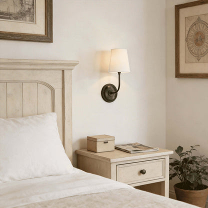 Articulated Arm Wall Lamp with Fabric Shades for Bedroom Reading Nook Hallway Accent Task Lighting Adjustable Sconce Fixture Metal Brass Fin