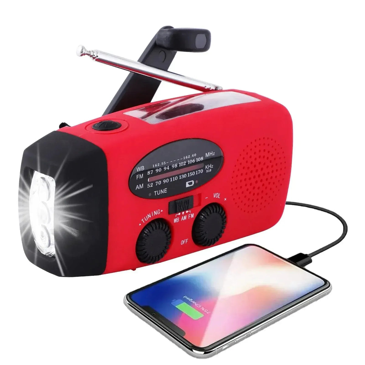 Solar Hand Crank Emergency Radio with LED Flashlight & USB Power Bank for Camping Weather Alerts Outdoor Survival