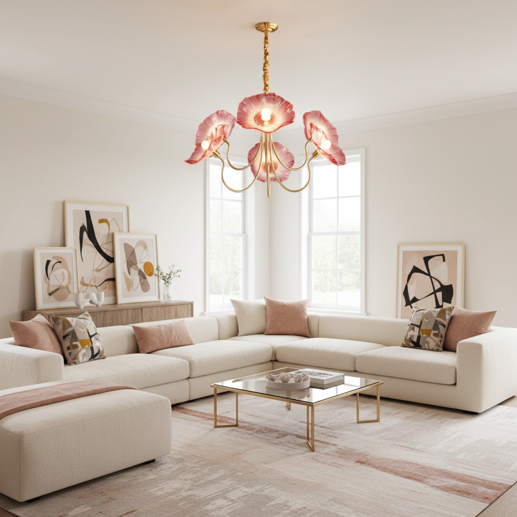 Frosted Glass Floral Pendant Light 35 in Multi-Arm Hanging Fixture Clear Pink Gold Overhead Illumination Dining Living Foyer Entry Modern In