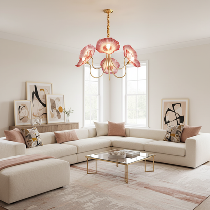 Frosted Glass Floral Pendant Light 35 in Multi-Arm Hanging Fixture Clear Pink Gold Overhead Illumination Dining Living Foyer Entry Modern In