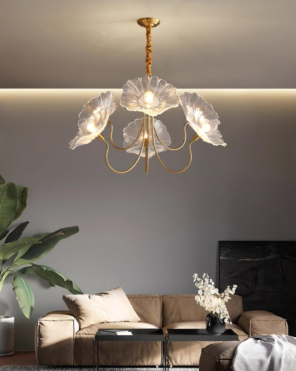 Frosted Glass Floral Pendant Light 35 in Multi-Arm Hanging Fixture Clear Pink Gold Overhead Illumination Dining Living Foyer Entry Modern In