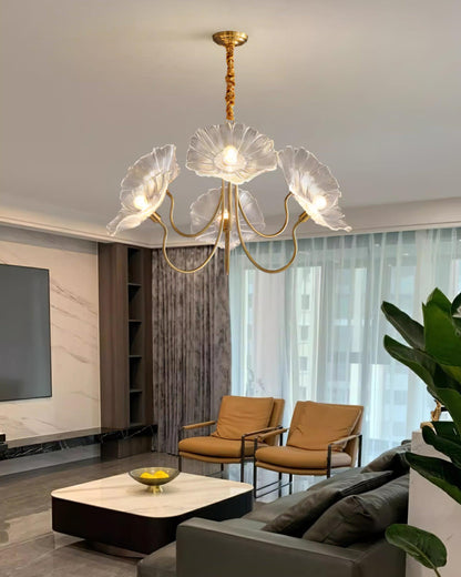 Frosted Glass Floral Pendant Light 35 in Multi-Arm Hanging Fixture Clear Pink Gold Overhead Illumination Dining Living Foyer Entry Modern In