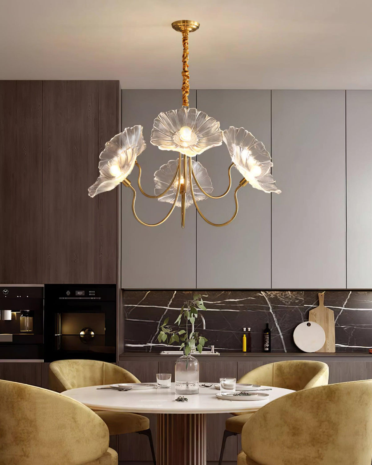 Frosted Glass Floral Pendant Light 35 in Multi-Arm Hanging Fixture Clear Pink Gold Overhead Illumination Dining Living Foyer Entry Modern In