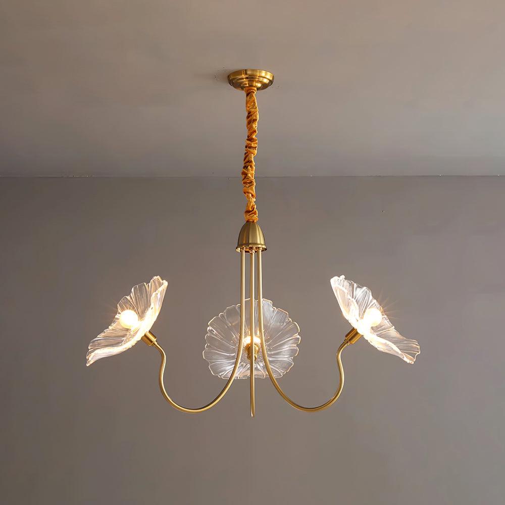 Frosted Glass Floral Pendant Light 35 in Multi-Arm Hanging Fixture Clear Pink Gold Overhead Illumination Dining Living Foyer Entry Modern In