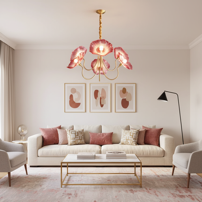 Frosted Glass Floral Pendant Light 35 in Multi-Arm Hanging Fixture Clear Pink Gold Overhead Illumination Dining Living Foyer Entry Modern In