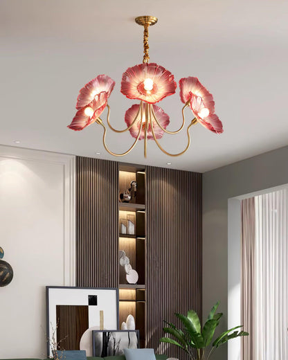 Frosted Glass Floral Pendant Light 35 in Multi-Arm Hanging Fixture Clear Pink Gold Overhead Illumination Dining Living Foyer Entry Modern In