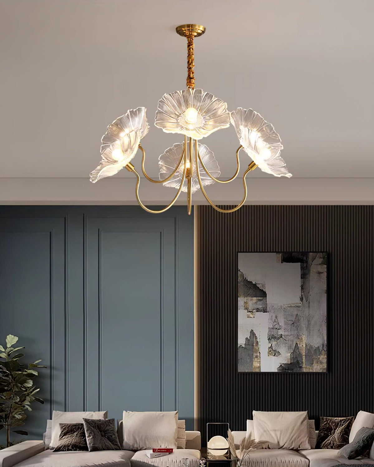 Frosted Glass Floral Pendant Light 35 in Multi-Arm Hanging Fixture Clear Pink Gold Overhead Illumination Dining Living Foyer Entry Modern In